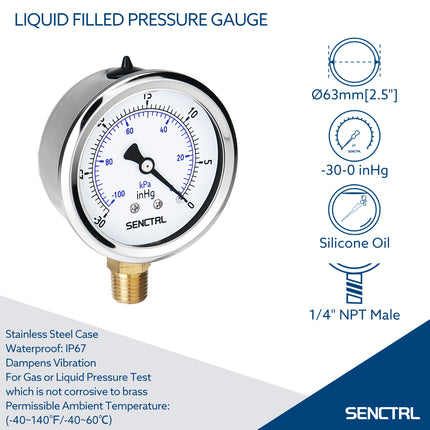 -30-0 InHg Silicone Oil Filled Pressure Gauge, 1/4" NPT, 2.5" Dial