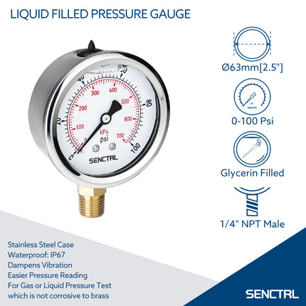 0-100 Psi Glycerine Filled Pressure Gauge, 1/4" NPT, 2.5" Dial