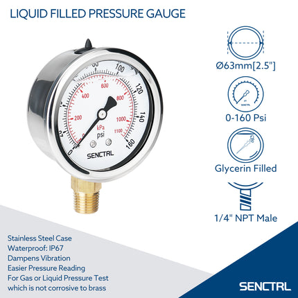 0-160 Psi Glycerine Filled Pressure Gauge, 1/4" NPT, 2.5" Dial