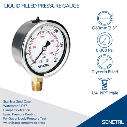 0-300 Psi Glycerine Filled Pressure Gauge, 1/4" NPT, 2.5" Dial