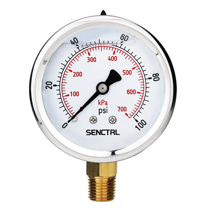 0-100 Psi Glycerine Filled Pressure Gauge, 1/4" NPT, 2.5" Dial