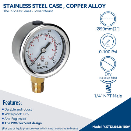 PRV-Tex 0-100 Psi Pressure Gauge, 1/4" NPT, 2" Dial