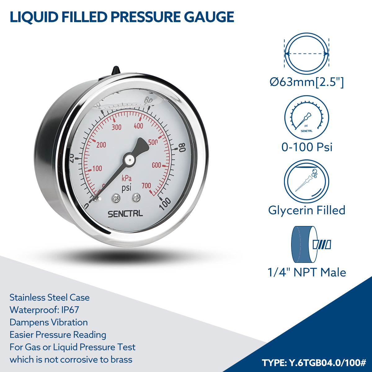 0-100 Psi Glycerine Filled Pressure Gauge, 1/4