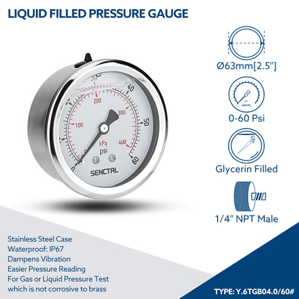 0-60 Psi Glycerine Filled Pressure Gauge, 1/4" NPT, 2.5" Dial, Back Mount