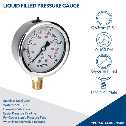 0-100 Psi Glycerine Filled Pressure Gauge, 1/4" NPT, 2.5" Dial