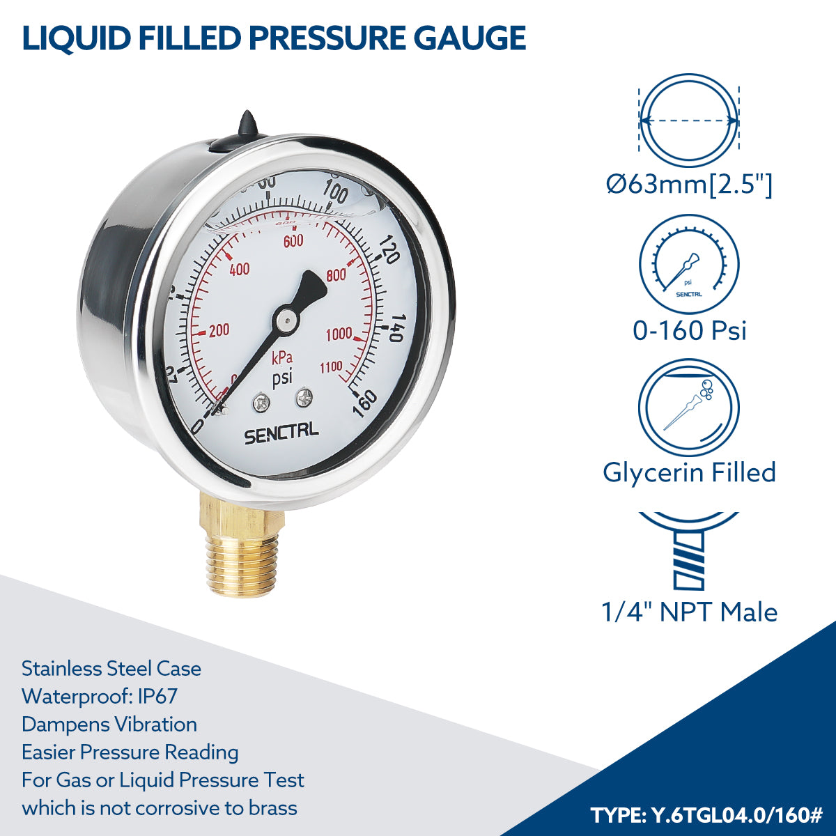 0-160 Psi Glycerine Filled Pressure Gauge, 1/4