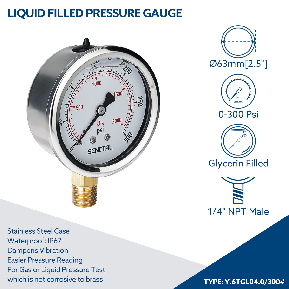 0-300 Psi Glycerine Filled Pressure Gauge, 1/4