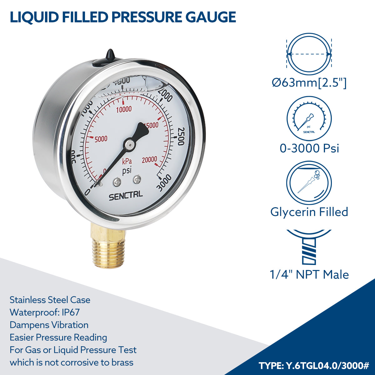 0-3000 Psi Glycerine Filled Pressure Gauge, 1/4