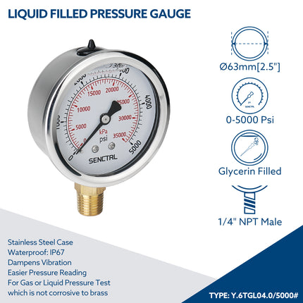 0-5000 Psi Glycerine Filled Pressure Gauge, 1/4" NPT, 2.5" Dial