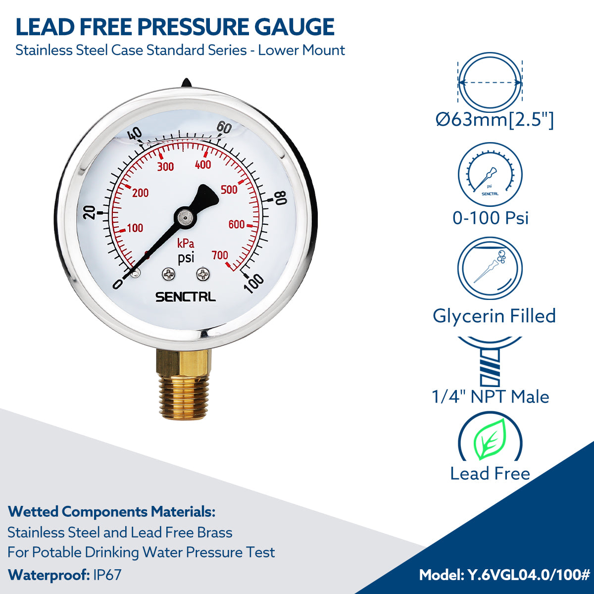 0-100 Psi Glycerine Filled Pressure Gauge, 1/4