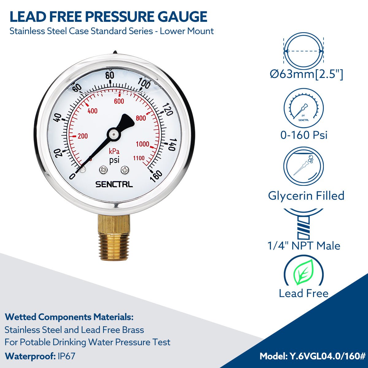 0-160 Psi Glycerine Filled Pressure Gauge, 1/4