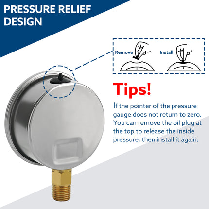 -30-0 InHg Silicone Oil Filled Pressure Gauge, 1/4" NPT, 2.5" Dial