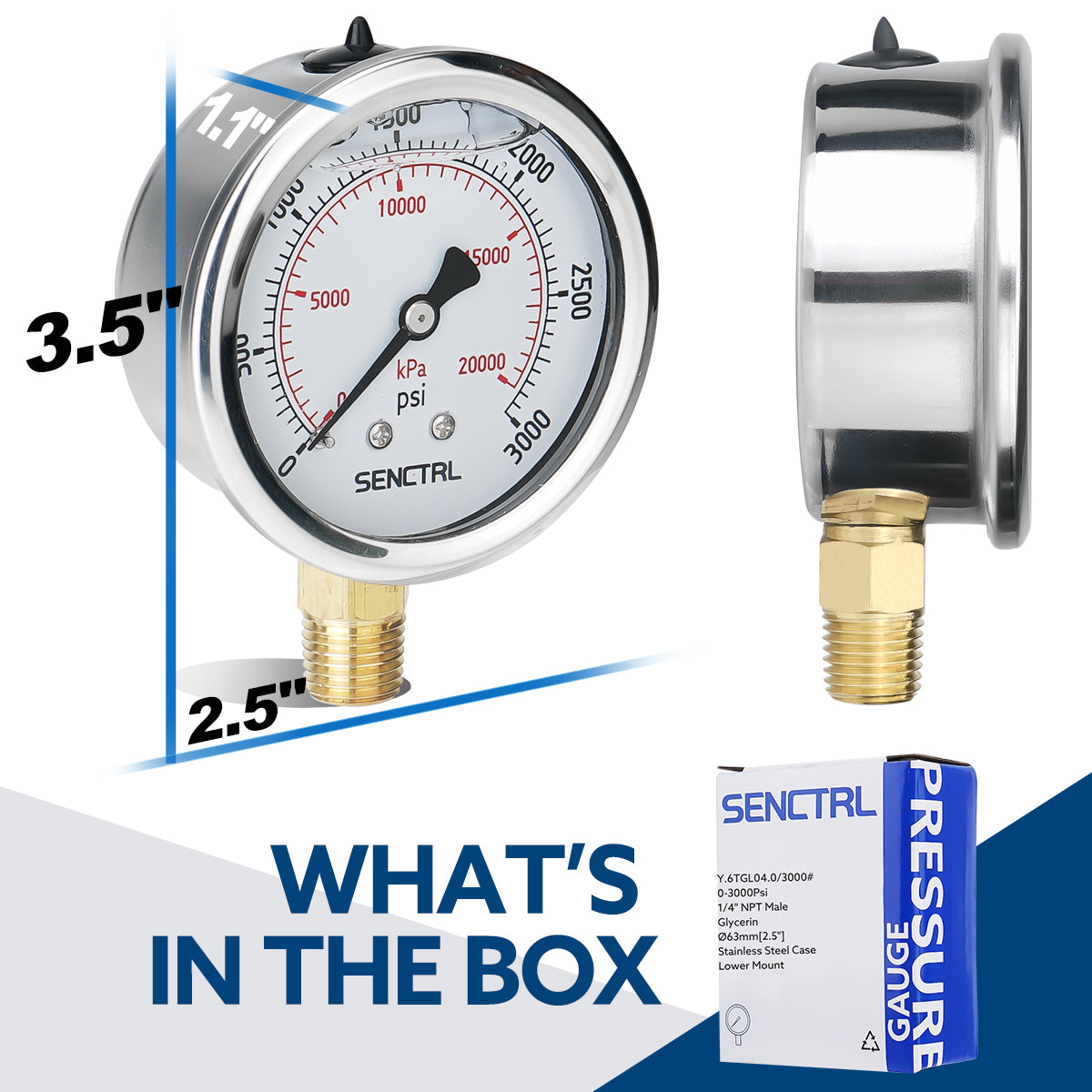 0-3000 Psi Glycerine Filled Pressure Gauge, 1/4