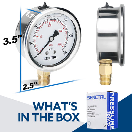 0-60 Psi Glycerine Filled Pressure Gauge, 1/4" NPT, 2.5" Dial